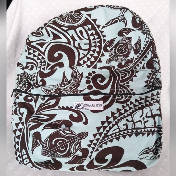 Local Design Made in Hawaii Blue and Brown Tribal Print Canvas Mini Backpack - Picture 4 of 7